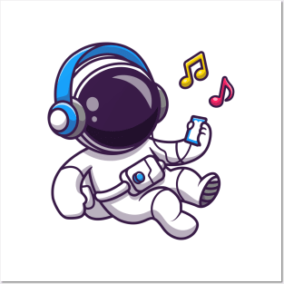 Astronaut Listening Music With Headphone Cartoon Posters and Art